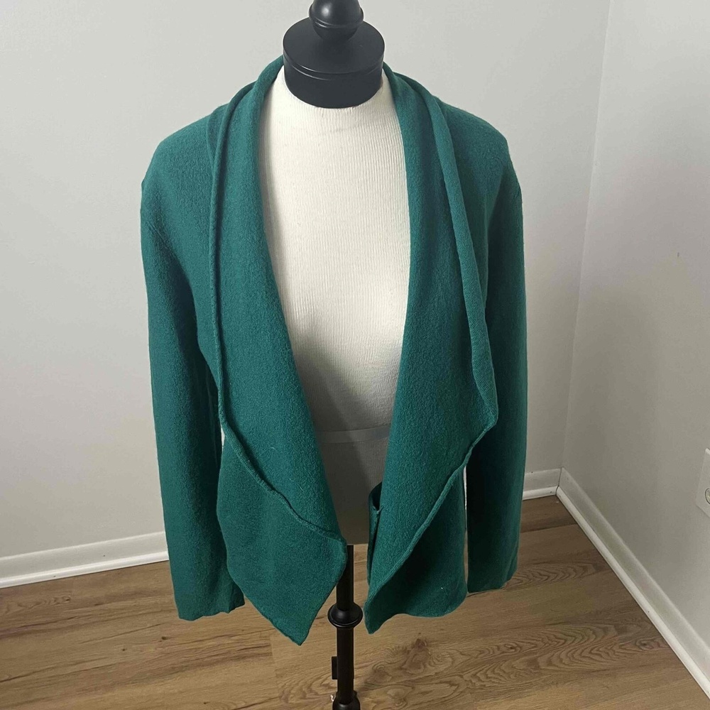 Chico's Gallant Green Wool Open Front Long Sleeve Cardigan Sweater Size 1 Medium